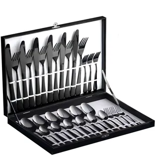 Velaze Besteck Set Schwarz, 18/10 Premium Edelstahl Besteckset 30-teilig, Besteck für 6 Personen mit Geschenkbox, Bestecksets mit Messer, Löffel und Gabel, Spiegelpoliert, Spülmaschinenfest