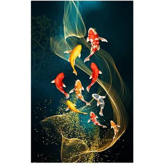 HTWLMM Koi Fisch Leinwand Malerei Rot Koi Fisch Landschaft Bilder Feng Shui Poster Kunstdruck für Wohnzimmer Schlafzimmer Wandbilder Deko Rahmenlos (30X60CM,A-1)