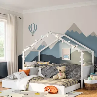 Bellabino Bela Kinderbett 90x200 cm – Hausbett mit Rausfallschutz & Lattenrost – Kinder Bett mit Gästebett für Jungen und Mädchen – Montessori Kinderhausbett aus Holz in Weiß