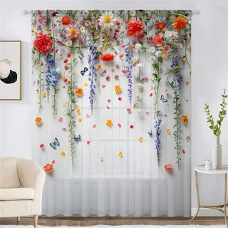 Surwin Vorhänge Wohnzimmer, Romantische Blumen Pastoral Scheibengardinen, Gardinen mit ösen, 1er Set Vorhänge, Transparent Tüll Gardine Wohnzimmer für Wohnzimmer (Rot1,W100xH130cm)