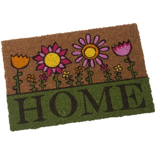 DRW Rechteckige Fußmatte aus Kokosfaser mit Logo Home und Blumen, 40 x 60 cm, Kokos, Mehrfarbig
