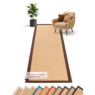 carpetfine Sisalteppich Läufer Naturfarbe 60x180 cm handgewebt mit Bordüre aus Baumwolle in Braun | Rutschfester Flachgewebe Teppichläufer Uni aus Naturfasern für Wohnzimmer, Schlafzimmer