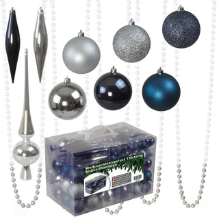 Julido Weihnachtskugeln Kunststoff 130 Stück, Christbaumkugeln Silber und Stahlblau, Weihnachtsbaum Deko glänzend, glitzernd und matt