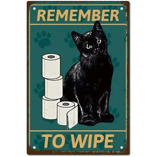 CREATCABIN Schwarze Katze Blechschild Vintage Metallschild Poster REMEMBER TO WIPE Retro Toilettenmalerei Plakette Eisenschild Wanddekoration Kunstwandgemälde Aufhängen Für Badezimmer Zuhause 30x20cm