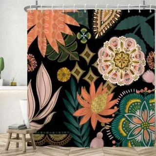 180 Cm Großer Duschvorhang Im Boho-stil, Rosa Blumenmuster, Grüne Blätter, Schimmelresistent, Wasserdicht, Aus Waschbarem Polyestergewebe, Inklusive 12 Haken