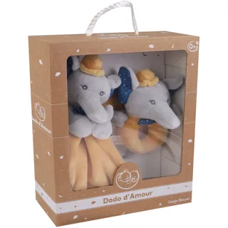 Dodo d'AMOUR - Set aus quadratischem Kuscheltier und Rassel - Elefant - 027191 - Senf - Fleece - Geburt - Plüschtier - Baby - Beruhigend - Weich - Waschbar - 29 cm x 22 cm - Ab 0 Monaten.