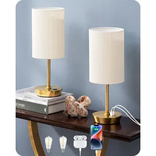 EDISHINE LED Nachttischlampe Touch Dimmbar, 2er-Set Tischleuchten mit USB, Dekolampen, LED wechselbar, warmweiß, kleine Tischlampe mit Ladefunktion weiß