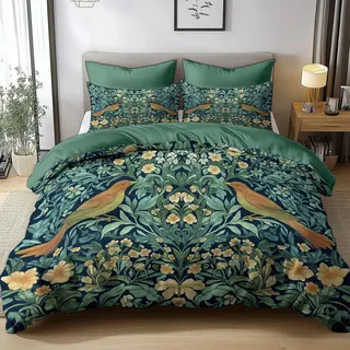 Generisch Bettdeckenbezug 155x220cm Mikrofaser Wende Bettwäsche Set 3D Druck William Morris Wald Vögel Blumen Reversibler Bettbezug Mit Reißverschluss Und 2 Kissenbezug Kinder Weich Bettbezüge