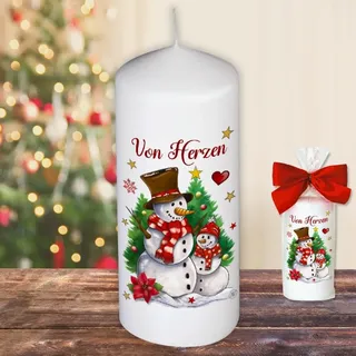Weihnachtskerze Stumpenkerze – Von Herzen, Schneemänner- Schneemann Kerze in Geschenkverpackung mit Schleife zu Weihnachten | moderne Motive auf Tattoofolie Schiebefolie