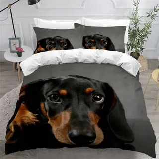MEVASA Bettwäsche 135x200 Dackel Bettwäsche-Set 3 Teilig 3D-Druck Welpe Grau Bettbezug 135x200 mit Reißverschluss Weiche Mikrofaser Kinderbettwäsche mit 2 Kissenbezug