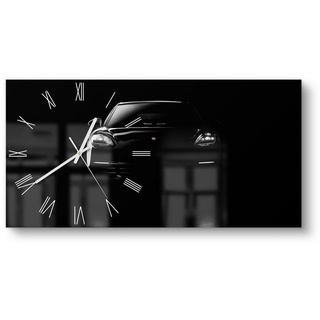 DEQORI Wanduhr 'Porsche Panamera Front' (Glas Glasuhr modern Wand Uhr Design Küchenuhr) schwarz 60 cm x 30 cm