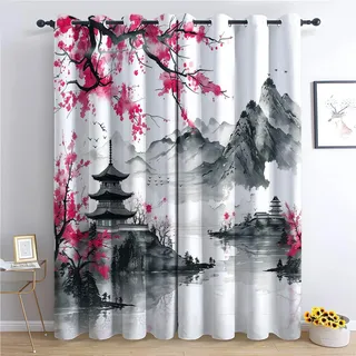 Vorhang Blickdicht Thermovorhang Japanischer Kirschblüten-Tuschemalereistil Muster Vorhänge Geräuschreduzierung Dekoration für Wohnzimmer Fenster Traditionelle orientalische Ästhetik 160 x 70 cm