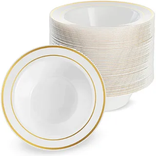 MATANA 25 Weiße Plastikschalen mit Goldrand, Suppenteller, Suppenschalen (360ml) - Suppenschüssel für Hochzeiten, Geburtstage, Taufen, Weihnachten, Partys - Mehrweg & Stabil