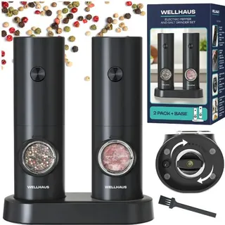 WELLHAUS Salz und Pfeffermühle Elektrisch - 2er Set Batteriebetriebenen Elektrische Mühle mit Basis Gewürzmühle & Salzmühle - Schwarz