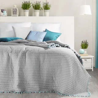Eurofirany Schöne Tagesdecke Steppdecke 170x210 220x240 Kendal Grau Blau Mint Fransen Überwurf (Silber, 170 cm x 210 cm)