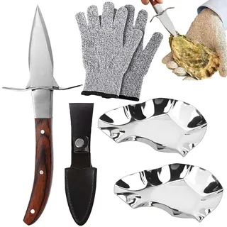 Austernmesser Set, 1 stücke Holzgriff Austernöffner mit 1 Paar Schutzhandschuhen der Stufe 5 (L) und 2 stücke Austernschale aus Edelstahl, Edelstahl Austernmesser für Schalentiere oder Hartkäse
