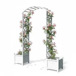 Mucola Rosenbogen Weiß Fichtenholz mit 2 Blumenkübeln 41x41x41cm – Rankgitter Spalier 179x41x208cm mit Pflanzkästen | Rankhilfe für Kletterpflanzen und Rosen, Durchgangsbreite 98cm, Garten Deko