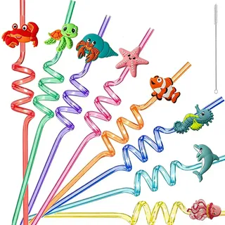 LOMSUXA 8 Stück Ocean Kinder Strohhalme Wiederverwendbare Plastik Strohhalm Strohhalme Lockige Trinkhalme für Kindergeburtstagsparty-Dekoration Partybedarf mit Strohhalmbürste