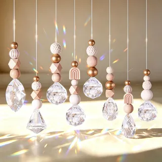 8 Stück Sonnenfänger Bastelset Kristall Holzperlen DIY Sonnenfänger Basteln | Regenbogen Kristalle Suncatcher zum Anhänger, 5M Linie mit 5 Typen von Kristall, Sonnenfänger für Fenster Garten Balkon Deko