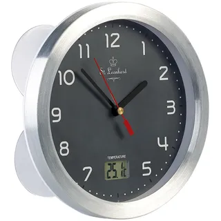 Badezimmer-Wanduhr mit LCD-Thermometer, Aluminium-Rahmen, IPX4, Grau