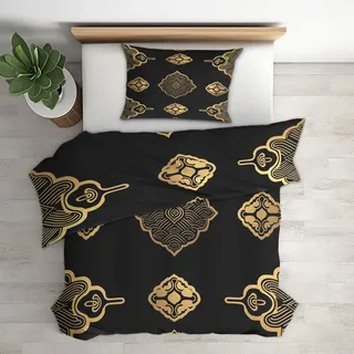 Generisch Bettwäsche 135x200 Japanische Design, 2teilig - Schwarz Gold Orientalisch Bettbezug und 1 Kissenbezug 80x80, Wendebettwäsche, Schlafzimmer Deko, Mikrofaser, mit Reißverschluss K2P&106