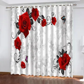 VOYADE 2Er Set Blickdicht Vorhänge Wohnzimmer, 3D Schmetterling Rote Rose Muster Blickdicht Schlaufenschal Verdunkelungsvorhang, Lärmminderung Gardinen Fensterdekoration 160X140cm(HXB)