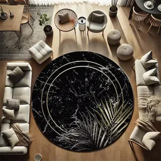 USHIRUG Runder Teppich In Schwarz, 200cm, Retro Marmorstruktur, Waschbarer Kreisteppich, Weich, rutschfest, Abstrakter Kurzflorteppich Kinderfreundlicher Runder Teppiche für Wohnzimmer, Schlafzimmer