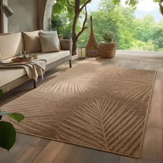 HomebyHome Outdoor Teppich 280x370 cm XXL Wetterfest Pflegeleicht Jute Natur Optik Palmen Design für Wohnzimmer Esszimmer Schlafzimmer Terrasse Balkon