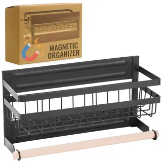 RICOO Gewürzregal Magnetisch mit Küchenrollenhalter ohne Bohren KR005 Gewürz Organizer Kühlschrank Regal Papierrollenhalter Gewürzregal Wand Gewürzregalsystem Gewürzaufbewahrung Schwarz
