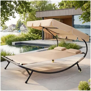 tectake Sonnenliege, Doppelliege, Outdoor Liege für 2 Personen, Gartenliege mit Sonnendach, Relaxliege, Sonnenliege mit Dach, inkl. 2 Kissen, ideal für Garten oder Balkon - schwarz/beige