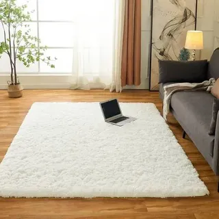 Bettvorleger Teppich Hochflor Waschbar Rutschfest 60×120 cm Creme