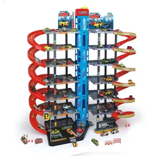TikTakToo Spiel-Parkgarage XXL Parkhaus Parkgarage Autogarage Parktower (Spar-Set), mit 7 Ebenen inklusive 10 Spiel-Autos, mit Bahnhof