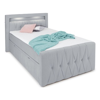 Valencia LED-Bett 120x200 mit Bettkasten - gemütliches Bett mit Matratze und Topper - Stauraumbett 120 x 200 cm mit Schubladen Samt-Stoff hellgrau