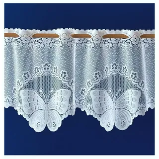 heimtexland Scheibengardine Jacquard Gardine weiß Schmetterling Fensterdeko (1 St), Durchzuglöcher, halbtransparent, Jacquard, als Bistrogardine oder Querbehang mit Blumen Bordüre gebogt weiß