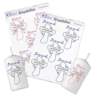 FEENSTAUB Kerzen Tattoos für die Erstkommunion, personalisierte Aufkleber für Kerzen, Wasserschiebefolie Tischkerze Firmung, Kerzen Deko Konfirmation rosa oder blau, Kerze gestalten, Kreuz