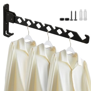 Lxoraziy Kleiderstange Wand, Aluminium Kleiderbügel mit Kleiderhaken, Klappbar Wand Kleiderständer, für Schlafzimmer Badezimmer Balkon(Schwarz)