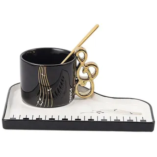 eKsdf Musiknoten Keramik Espressotassen mit Unterteller und Löffel Kreative Klavier Kaffeetasse Cappuccino Tassen 200ml Porzellantasse Mochatassen Set Geschenk (Schwarz)