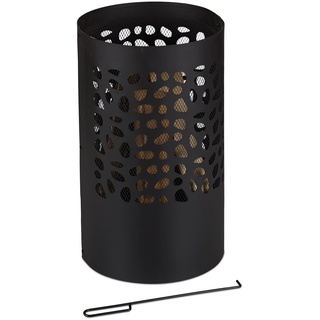 Relaxdays Feuertonne mit Funkenschutz, mit Schürhaken & Feuerrost, Outdoor Feuerkorb, HxD: 60 x 37 cm, Stahl, schwarz