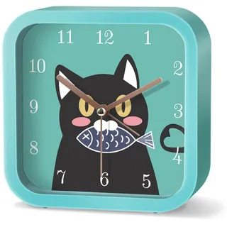 EXQULEG Kind Wecker,Kein Ticking Wecker Cartoon Niedlich Kinderwecker Rund Digital Alarm Clock für Mädchen Jungen Schulanfänger Schreibtisch Schlafzimmer Tischuhr (Blaue Katze,Quadrat)