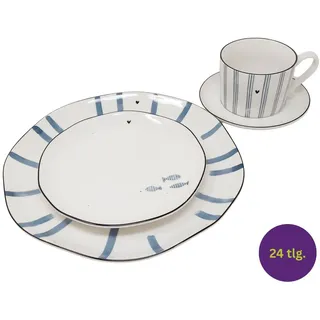 24tlg. Tafelservice Komiset Iris Blue Streifen + Fische Bastion Collections