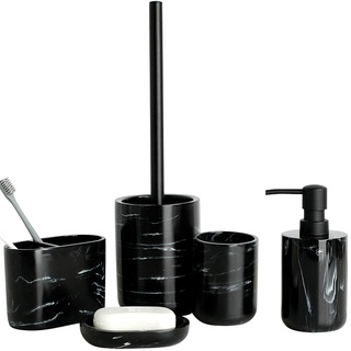 zhanwang Marmor Badezimmer-Set, 5-teilig, inklusive Seifenspender, Zahnbürstenhalter, Zahnputzbecher, Seifenschale und Toilettenbürste (schwarz-5)