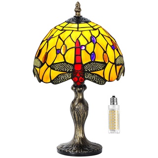 MIAOKE Tiffany Style Tischlampe, VintageTischlampe Handcraft Glasmalerei Lampenschirm Tischlampen für Schlafzimmer Nachttischlampe Arbeitszimmer Office (Orange-Libelle)
