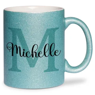 glitzertassen.de® | Namenstasse mit Buchstabe | Personalisiert| Tasse mit Glitzer | Geschenkidee | Keramik | 330 ml | Türkis