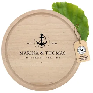HOFMEISTER® Brotzeitbrett Gravur personalisiertes Geschenk - Schneidebrett aus Buchenholz mit Saftrille, Jausenbrett, Geschenkidee zur Hochzeit, für Verliebte, Pärchen, rund, 25 cm