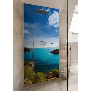 Wallario Duschrückwand Ibiza - Blick von einer Bucht aufs Meer, (1-tlg) blau|schwarz 70 cm x 180 cm