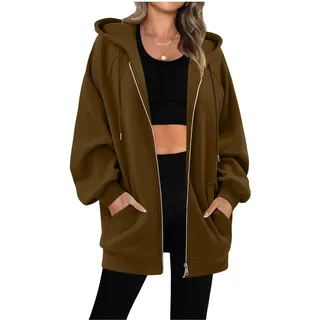 Sweatjacke Damen mit Kapuze Dünne Fleecejacke Kapuzenpullover Zipper Hoodie Lange Jacke Leicht Übergangsjacke Elegant Einfarbig Kapuzenjacke mit Taschen Strickjacke Casual Sweatshirt Locker Pullover - XXL