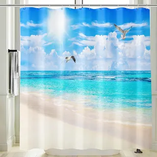 Vgzsyomqib Strand Türkis Meer Duschvorhang 180x200 Lang Anti Schimmel Wasserdicht für Badewanne Stoff Shower Curtains 3D Beige Insel Vögel Möwen Blau Ocean Motiv Duschvorhänge Waschbar Textil