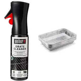 Weber 17875 Grillrost-Reiniger, 300 ml, Nebelspray, löst Fett- und Speisereste, schwarz & 6415 Alu-Tropfschalen, 15x22cm, 10 Stück, Einwegschalen, Fettauffangschale