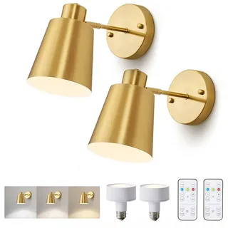 LOGT LED Wandlampe Akku Innen Wandleuchte mit Fernbedienung Drehbare Nachttischlampe Touch Control und Timer Retro Industrie Wandbeleuchtung Kabellose Verstellbar Metall Wand Leselampe,Gold,2pcs
