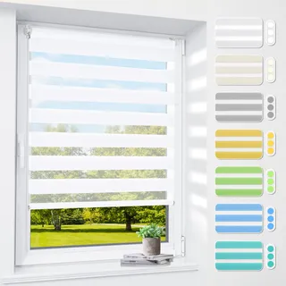 Doppelrollo klemmfix ohne Bohren & mit Bohren, 50x210cm (BxH) Stoffbreite 50 cm Weiß, 3-in-1 Duo Rollo für Fenster & Tür, Fensterrollo innen lichtdurchlässig & verdunkelnd, Klemmrollo Rollos
